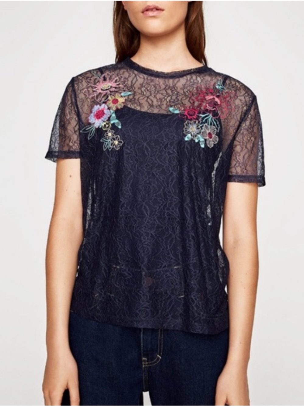 ZARA | Lace Embroidery Floral Short Sleeve Tee